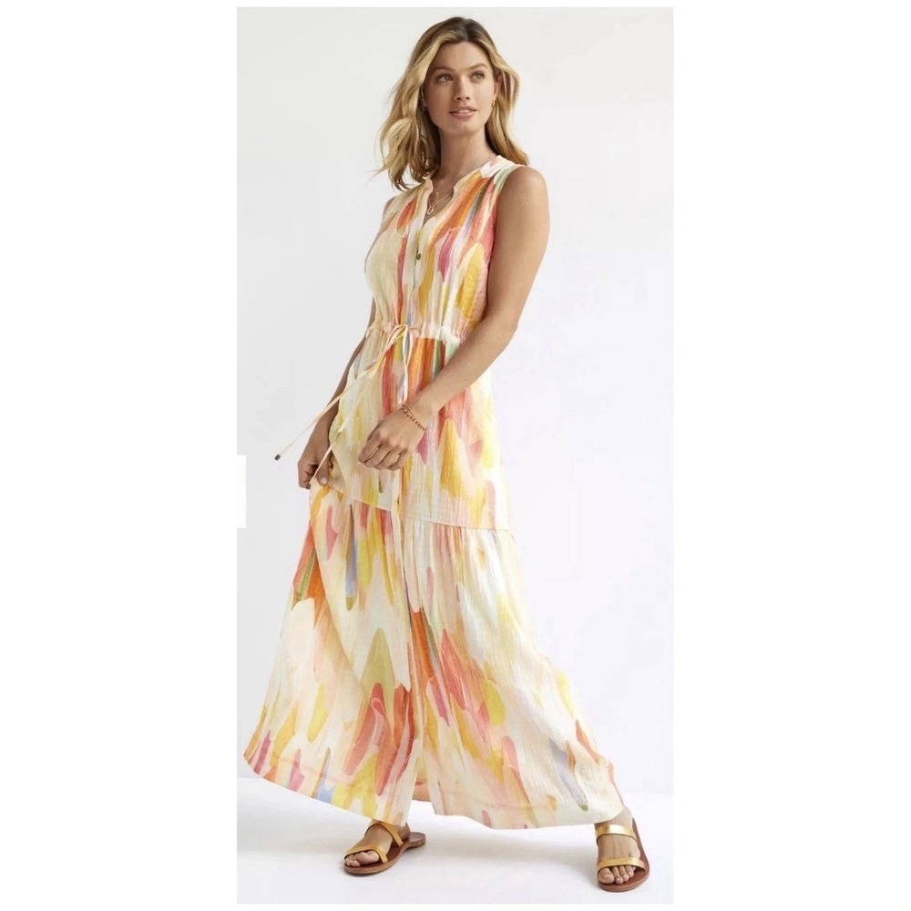 Maeve Anthropologie Deco Maxi Shirt Dress 4 Sleeveless Tiered‎ Artsy Colorful